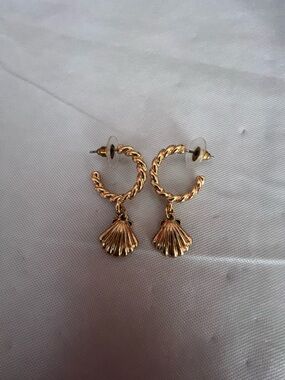 Gold-Tone Shell Drop Hoop Earrings